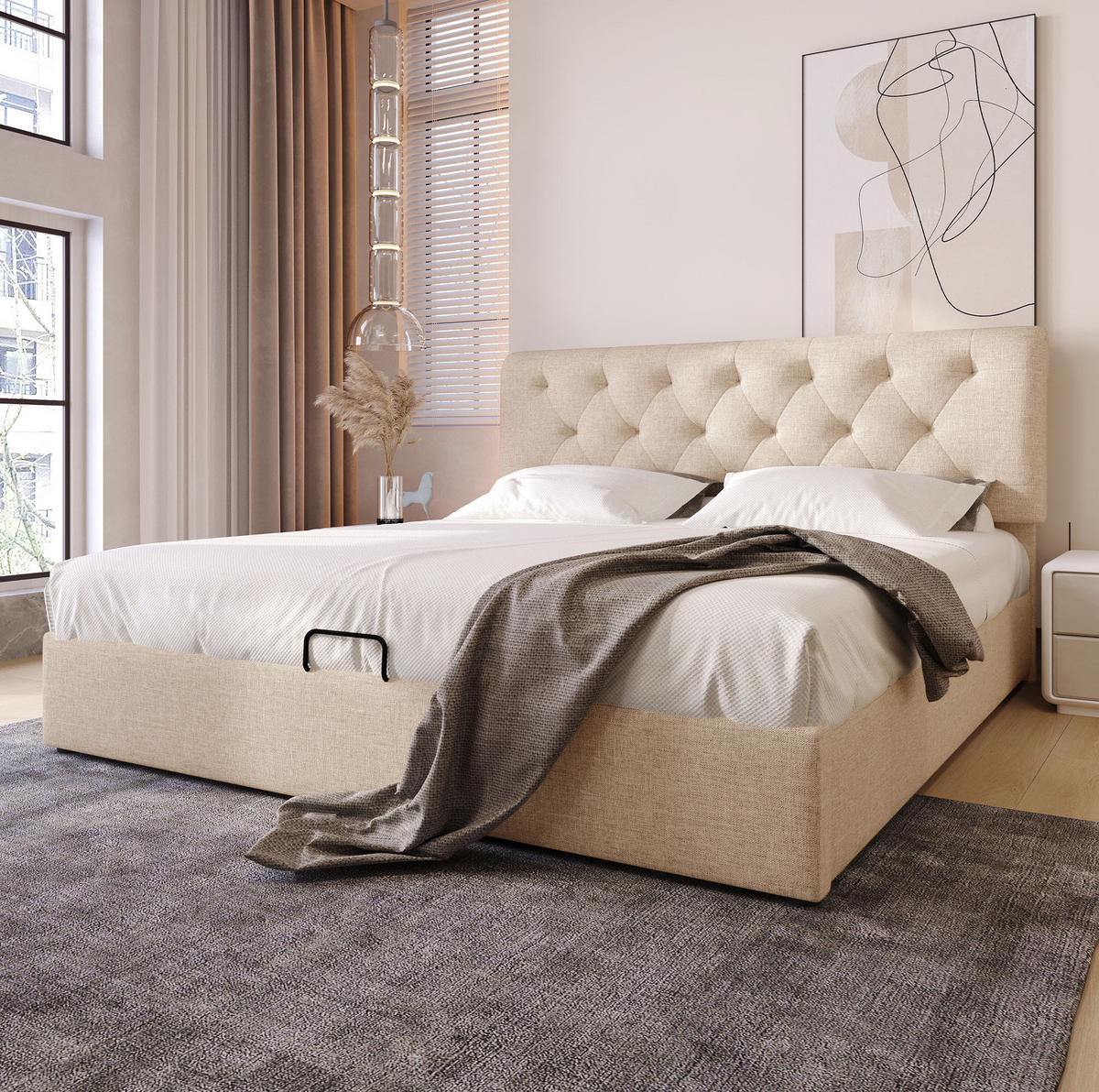 POLSTERBETT 140/200 cm Natürlich aus Leinen mit Matratze und Stauraum - Naturfarben, Textil (140/200cm) - OKMYHOME