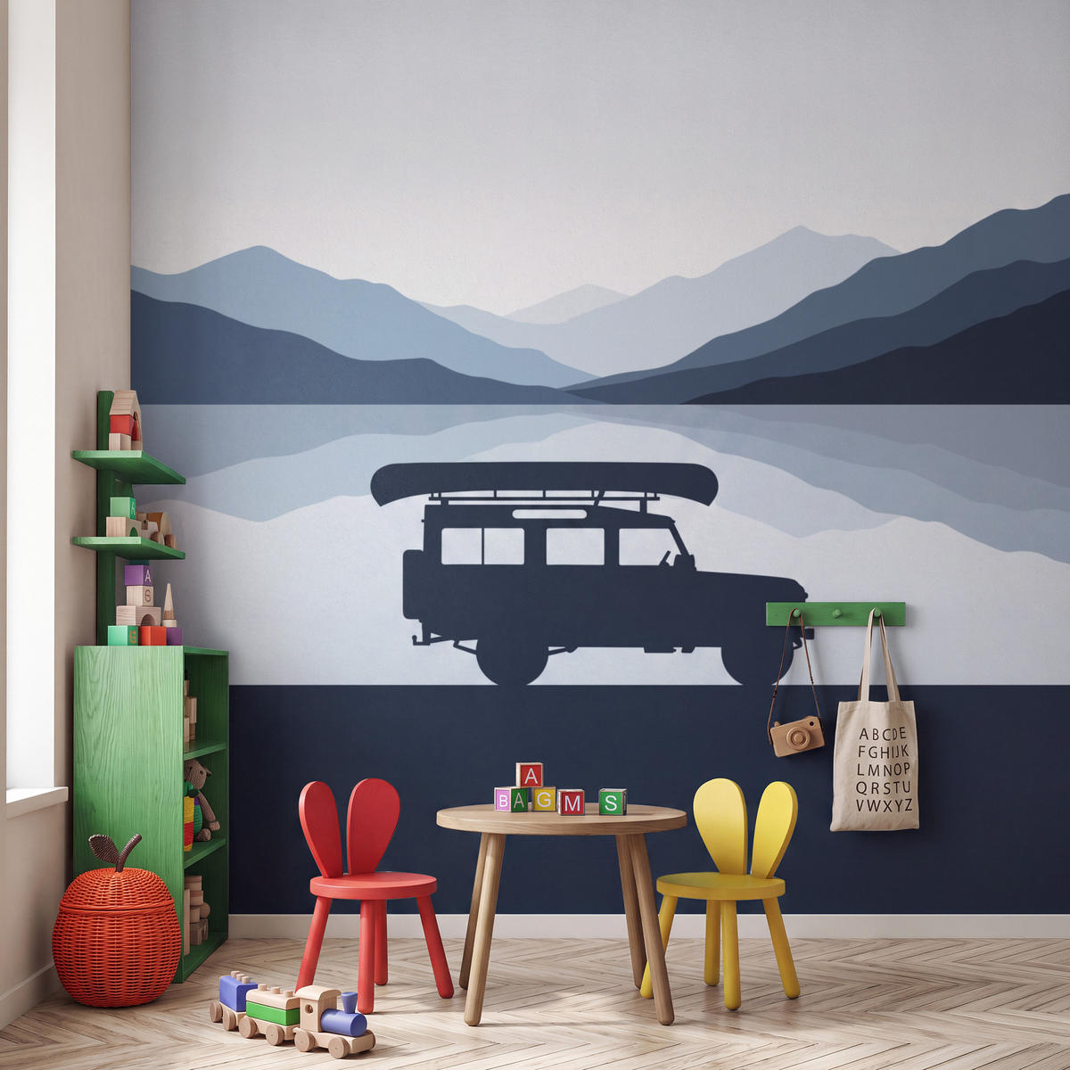 KINDERTAPETE - Auto - See - Berge - Blau - 280x280 cm - Blaugrau, Papier (280/280cm) - OnlyWow