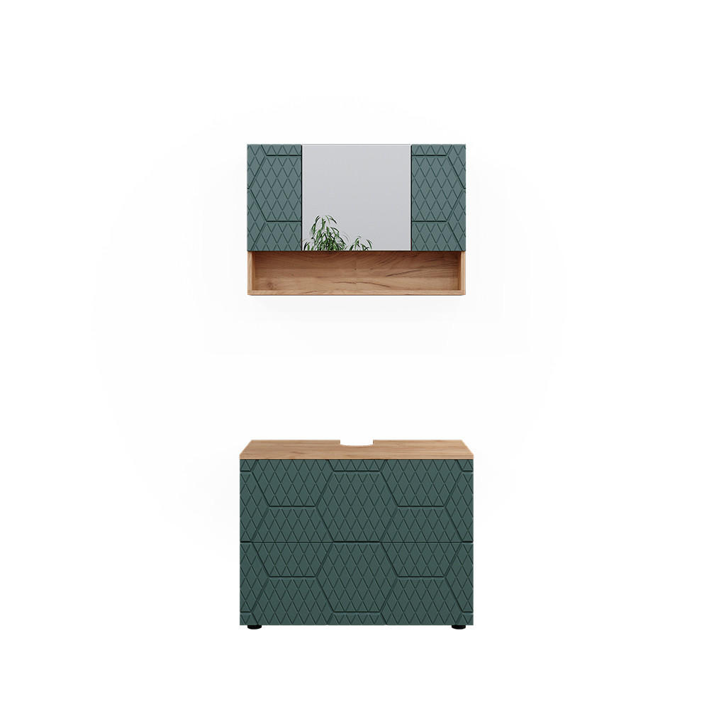 BADMÖBEL-SET Irma Grün 2 Teile, Unterschrank 80 cm - Eiche Wotan/Grün, Holzwerkstoff (80/58.6/41cm) - Vicco