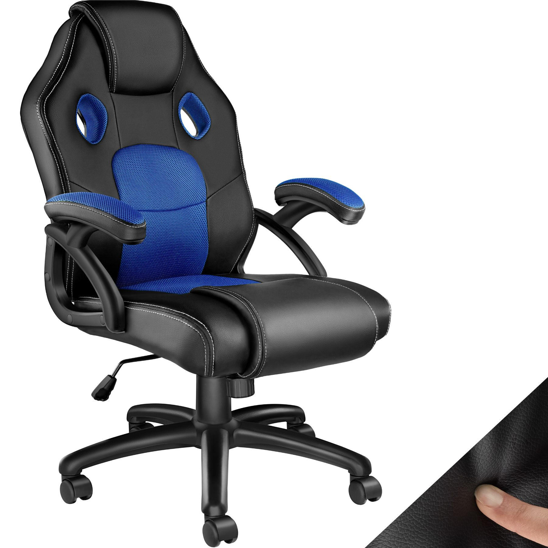 BÜROSTUHL Mike,stufenlos höhenverstellbar,schwarz/blau - Blau/Schwarz, Leder (68/114.5/69cm) - tectake