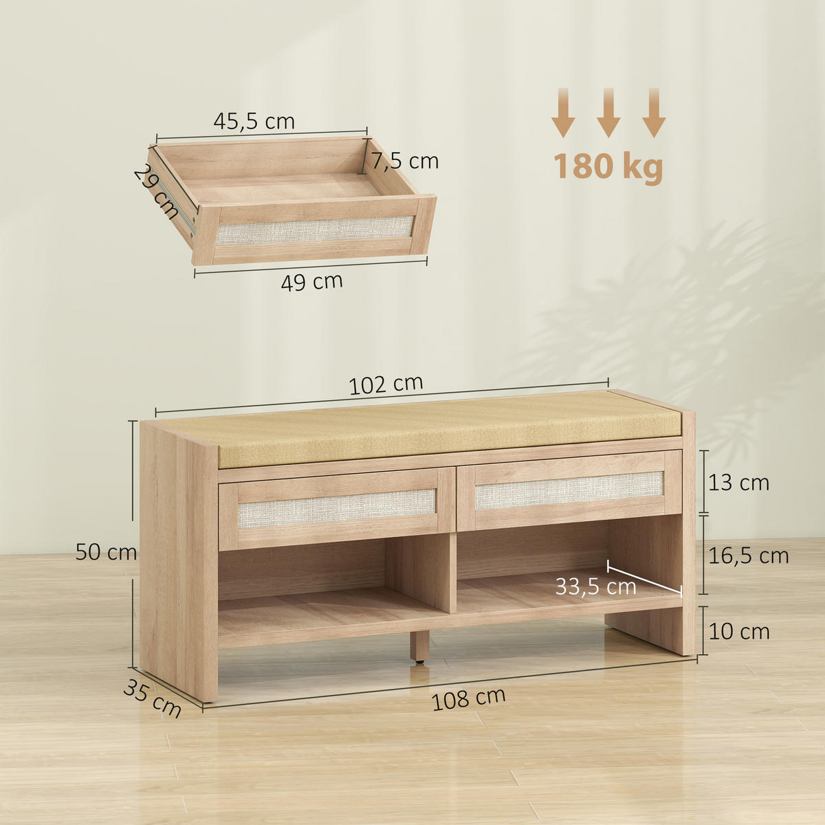 SCHUHBANK Eichenfarben 108/35/50 cm - Eichefarben, Holzwerkstoff (108/50/35cm) - PANGIVO
