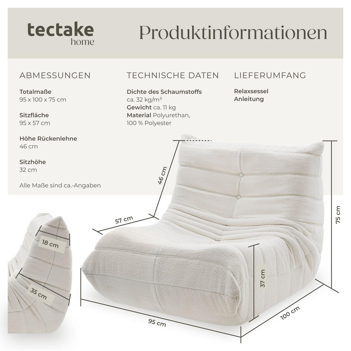 RELAXSESSEL Logo, 95 x 100 x 75 cm, Bouclé creme - Creme, Textil (95/75/100cm) - tectake