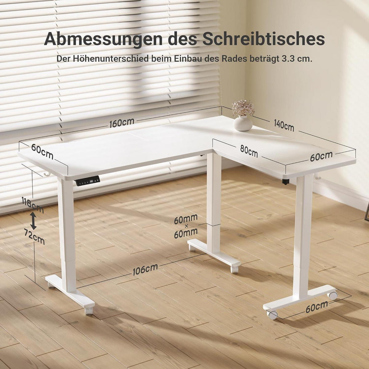ECKSCHREIBTISCH höhenverstellbar 160x140 cm Weiß Dual-Motor - Weiß, Holzwerkstoff (160/140/118cm)