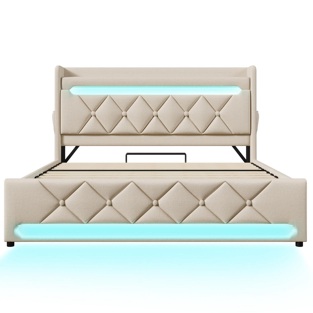 POLSTERBETT aus Leinen 180x200 cm Beige mit LED-Beleuchtung, Ladeanschlüssen und hydraulischem Stauraum - Beige, Textil (180/200cm) - IVMEU