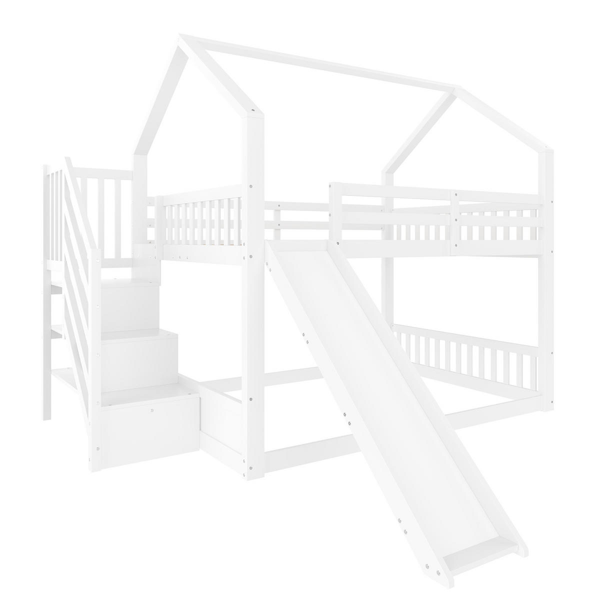 ETAGENBETT 140/200 cm mit Stauraumtreppe, Rutsche und Hausdesign aus Kiefernholz, Weiß/Grau - Weiß, Holzwerkstoff (140/200cm) - Redom