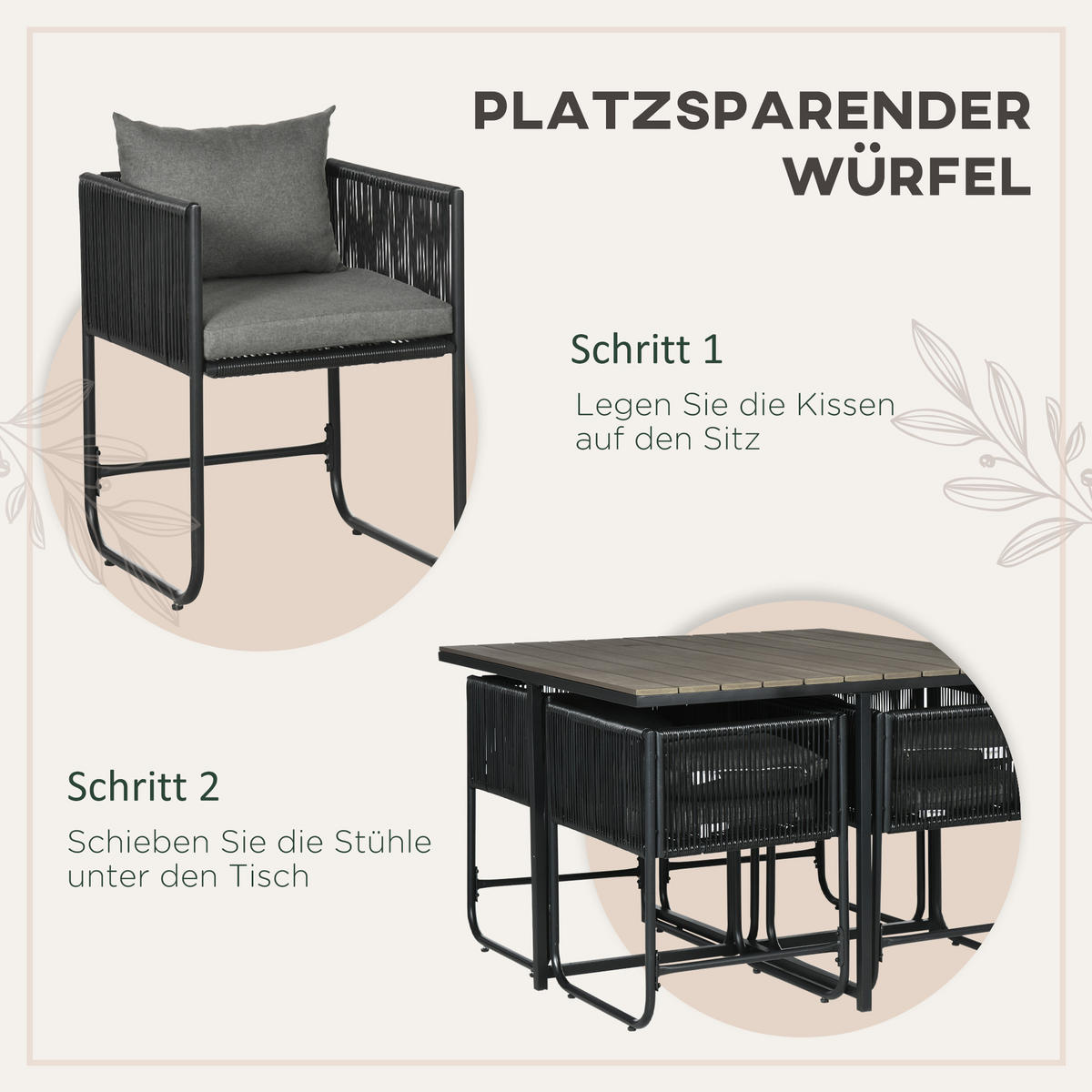 ESSTISCH mit 4 Stühlen, 5-tlg. Polyrattan Gartenmöbel Set, Gartensitzgruppe, Grau - Grau, Kunststoff - Outsunny