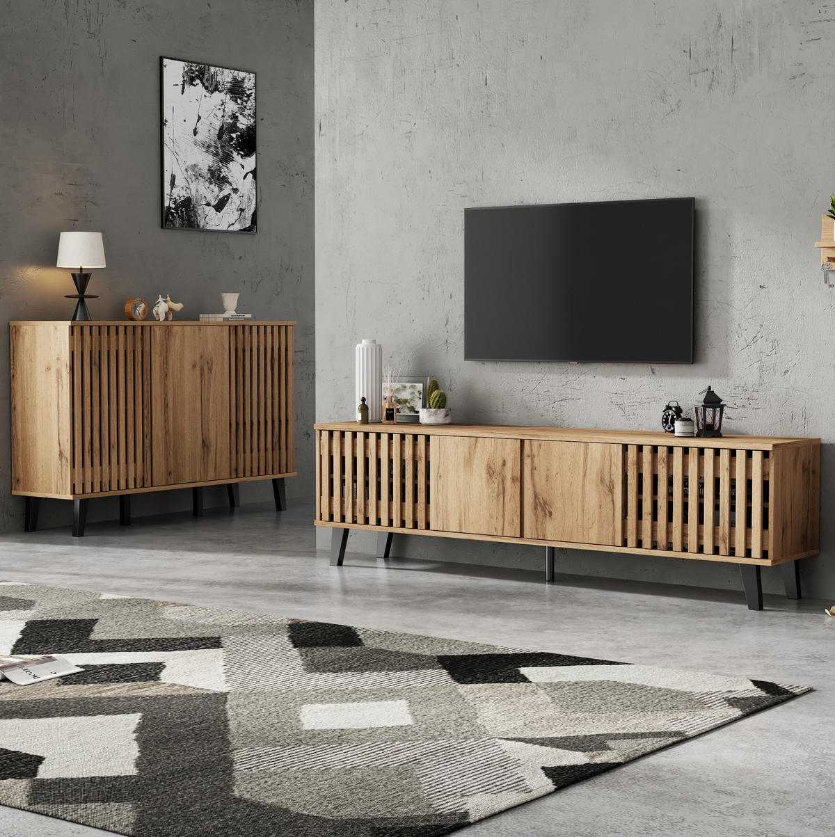 WOHNWAND / Lowboard 180/40/55 cm mit Sideboard 150/40/95 cm in Naturholzoptik - Hellbraun, Holzwerkstoff (180/55/40cm) - BEAOK