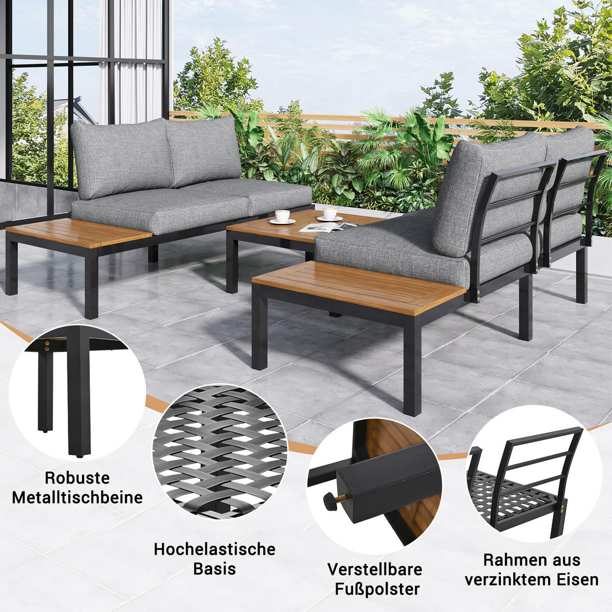 LOUNGESET Akazie Grau 2x Zweisitzer 2x Beistelltische 1x Tisch - Grau, Metall - FLIEKS