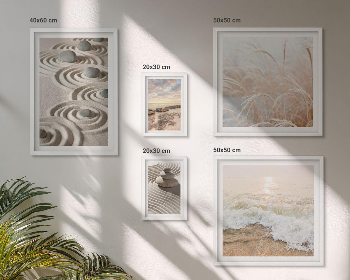 BILDER SET 5er Set - 50x50 cm & 20x30 cm & 40x60 cm Weißer Rahmen - Blumen im Wasser des Buddha-Wasserfalls - Weiß, Kunststoff (40/60cm) - TULUP