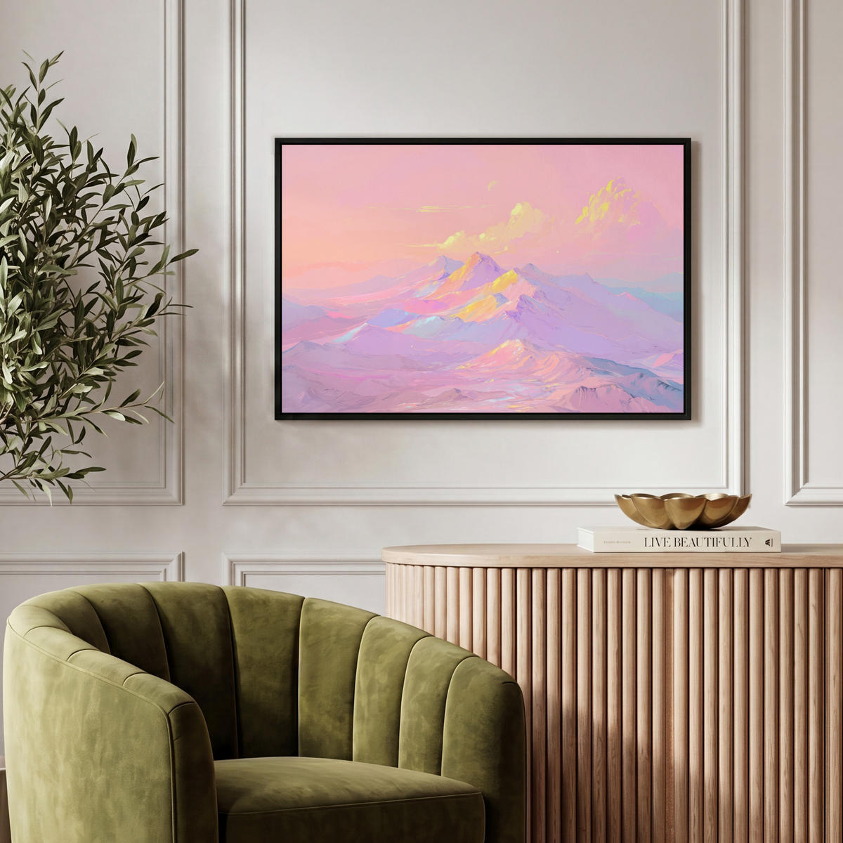 LEINWAND Bilder mit Rahmen - Berggipfel - Wolken - Verträumt - 60x40 - Hellrosa, Textil (60/40cm) - MuchoWow