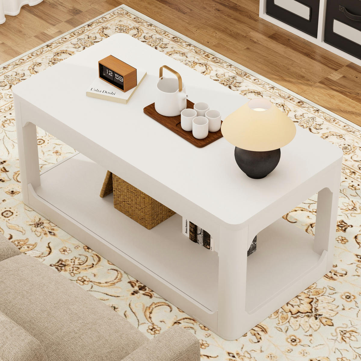 COUCHTISCH DE-37277 100 cm mit zweistufigem Stauraum Weiß - Weiß, Holzwerkstoff (100/50/44.5cm) - ComfortXL