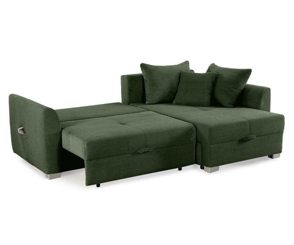 ECKSOFA mit Schlaffunktion und Bettkasten, seitenverkehrt montierbar B236/T160/H81 cm, Liegefl. 142x202 cm, Cord Grün / 15207 - Chromfarben/Grün, Kunststoff/Textil (236/160cm) - luma-home