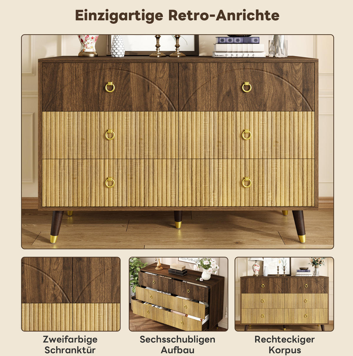 KOMODA 120/40/81 cm s 6 predali, dvobarvnim retro videzom in MDF konstrukcijo, Naravna - naravne barve, leseni material (120/81/40cm) - Redom