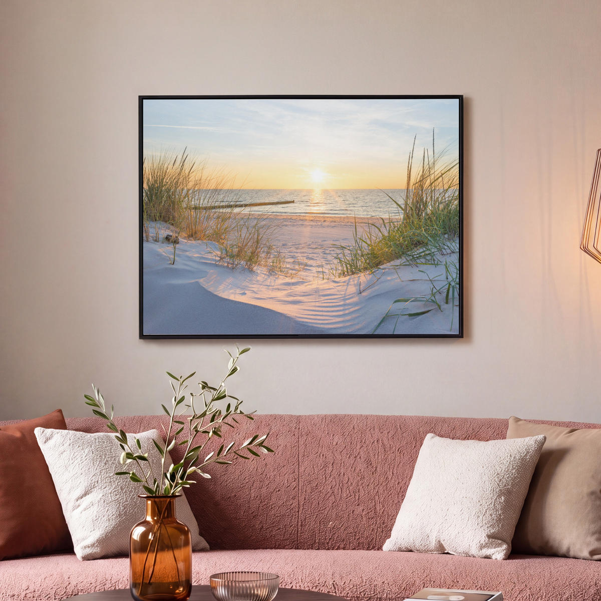 LEINWAND Bilder mit Rahmen - Strand - Sonne - Düne - Gras - Sand - Horizont - 70x50 - Hellblau, Textil (70/50cm) - MuchoWow