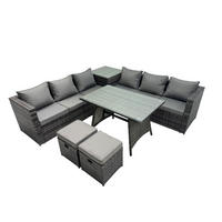 GARTENMÖBEL SET Polyrattan 8-Sitzer Grau - Dunkelgrau/Grau, Glas/Kunststoff - Fimous