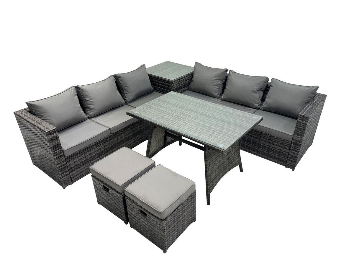 GARTENMÖBEL SET Polyrattan 8-Sitzer Grau - Dunkelgrau/Grau, Glas/Kunststoff - Fimous
