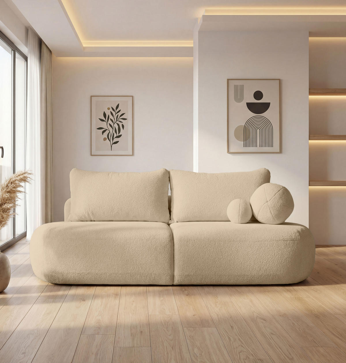 SCHLAFSOFA Bolla 3-Sitzer mit Bettkasten, Beige Boucle 240/90/90 cm - Beige/Schwarz, Kunststoff/Textil (240/90/90cm) - WFL GROUP