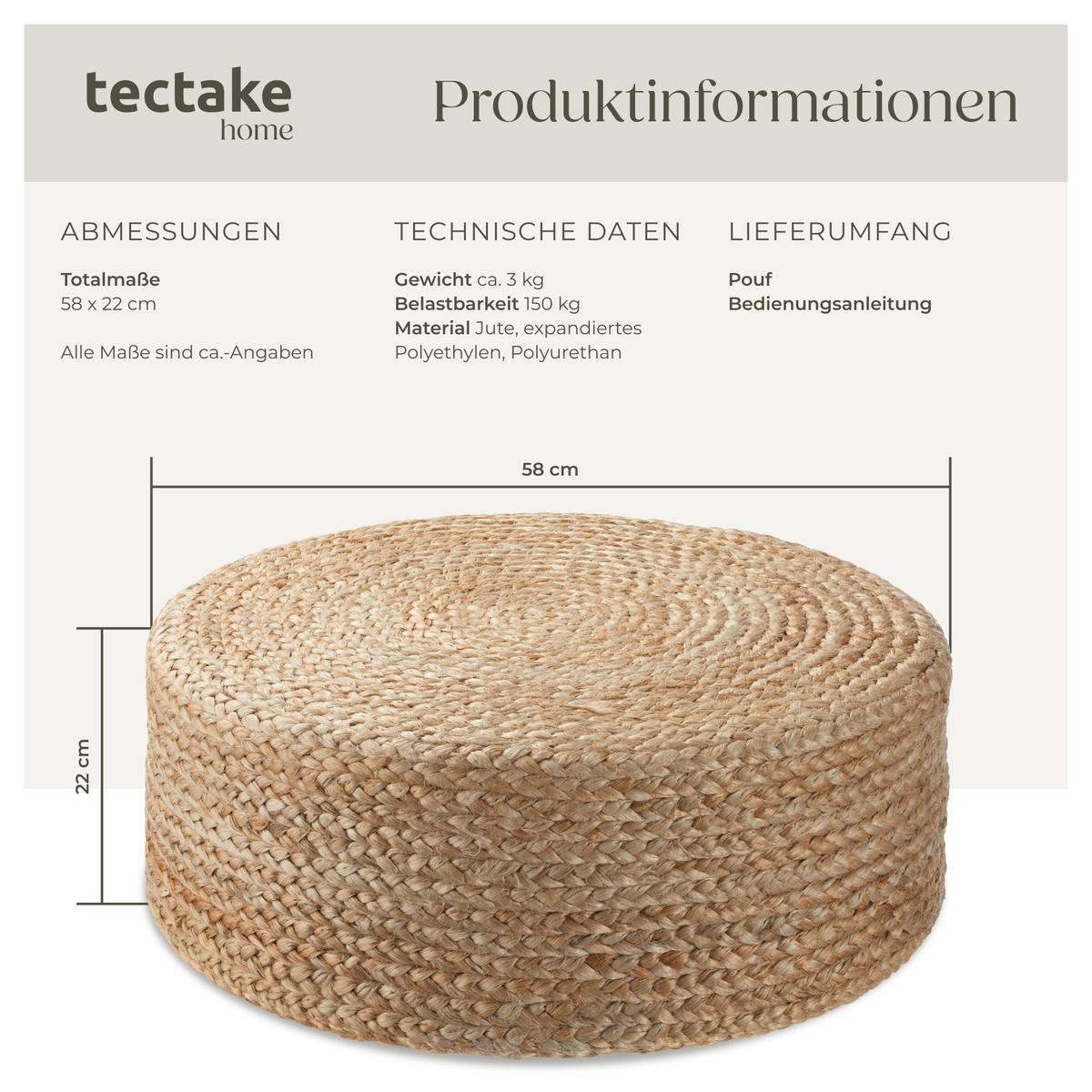 HANDGEFERTIGTER POUF Banno Elipse,58 x 22 cm, Belastbarkeit 150 kg,beige - Beige, Textil (58/22/58cm) - tectake
