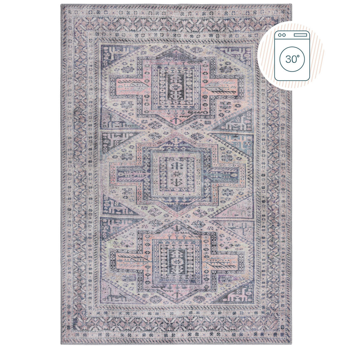 TEPPICH waschbar Vintage Geometrisch, Orientalisch, Küche schmutzabweisend Grau-Rosa Rechteckig 190x290 - Grau, Textil (190/290cm) - KADIMA DESIGN