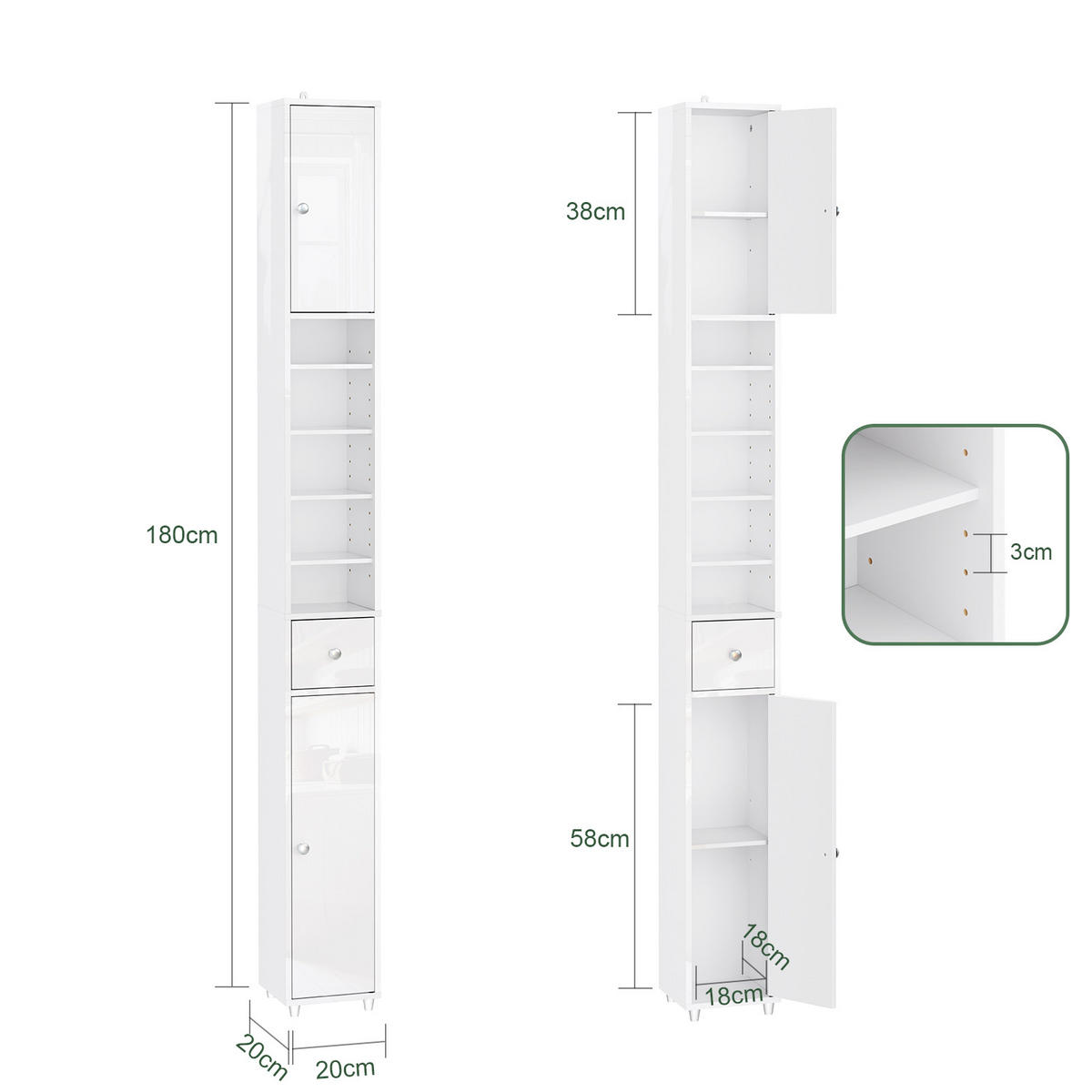 HOCHSCHRANK Weiß, Badezimmerschrank schmal 20x20x180 cm - Silberfarben/Weiß, Holzwerkstoff (20/180/20cm) - SoBuy