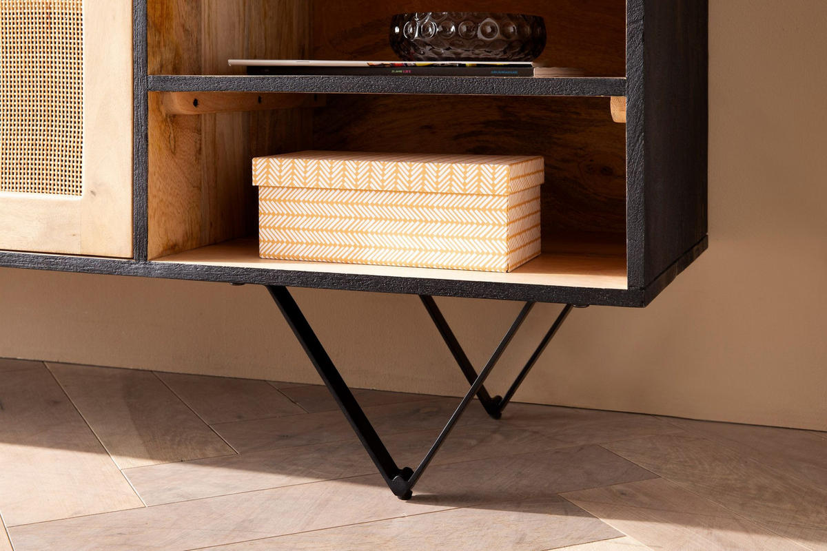 SIDEBOARD – Mango Massivholz/Rattan, 145x75x40 cm, 2 Türen, schwarz/braun, mit Regal - Schwarz, Holz/Metall (145/75/40cm) - KADIMA DESIGN