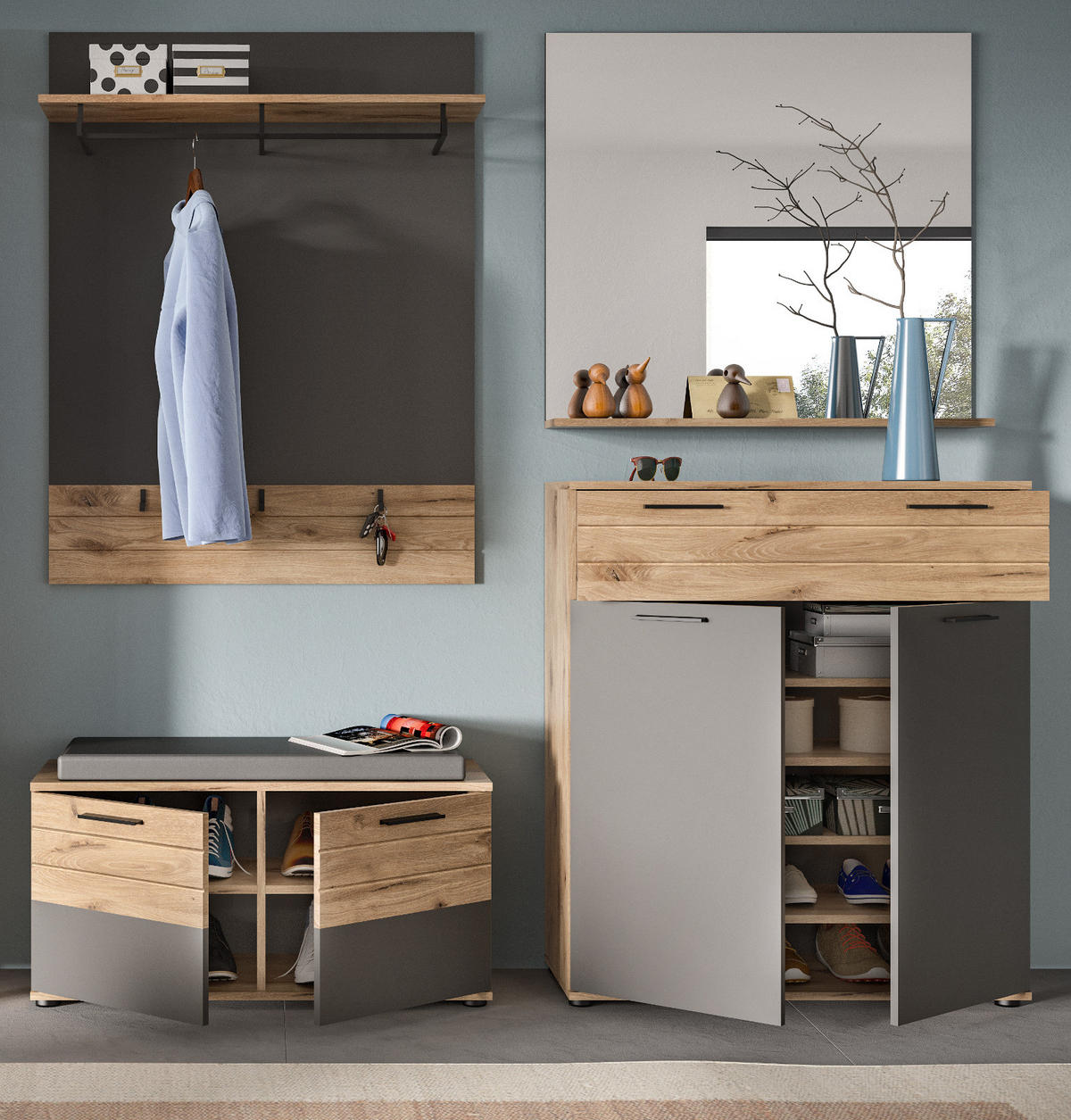 GARDEROBEN-SET Eiche, grau 4-teilig 195 cm mit Soft-Close - Eichefarben, Glas/Holzwerkstoff (90/200/37cm) - Inn.Furn