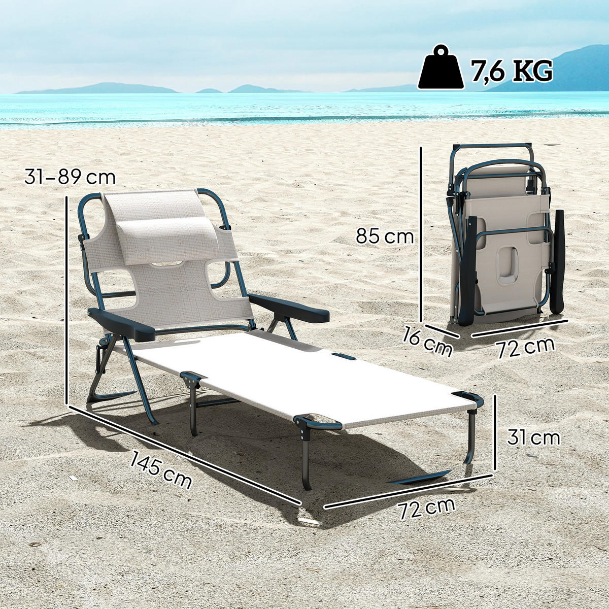 SONNENLIEGE Klappbare Gartenliege mit 4-fach verstellbarer 145 x 72 x 89 cm ,Creme - Creme, Metall (145/89/72cm) - Vallsero