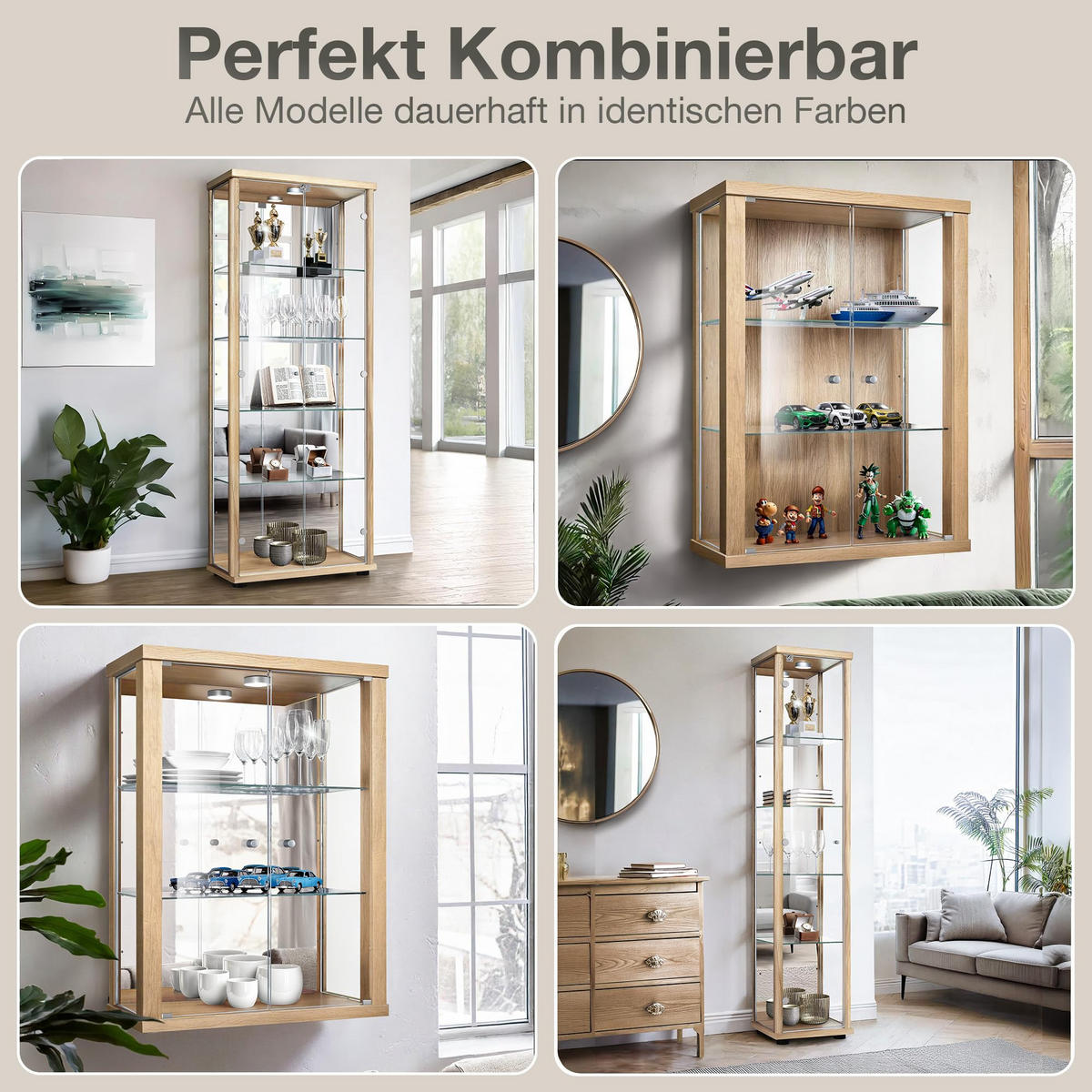 ECKVITRINE 56,5/56,5/176 cm mit Spiegel, LED & Schloss - Transparent/Silberfarben, Glas/Holzwerkstoff (56.5/176/56.5cm) - K-Möbel