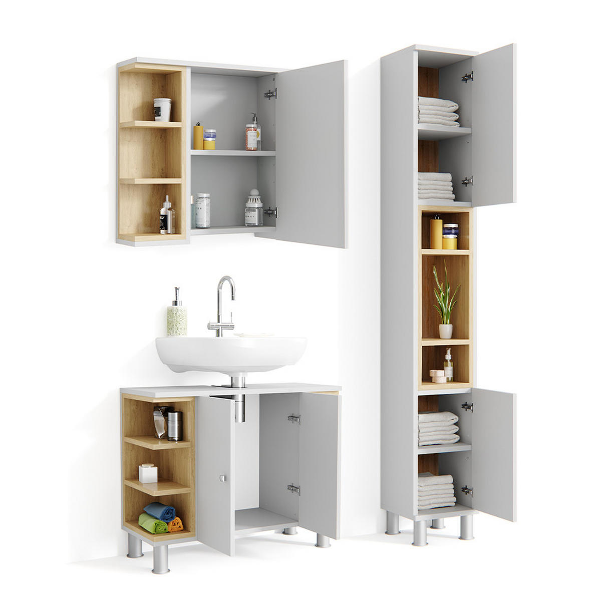 BADMÖBEL-SET Aquis Weiß 3 Teile, mit Hochschrank - Weiß/Sonoma Eiche, Holzwerkstoff (79.6/64/32cm) - Vicco