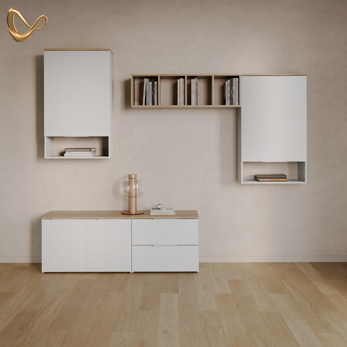 WOHNWAND Piave Weiß/Sonoma 5 Teile - Weiß/Sonoma Eiche, Holzwerkstoff (80/50/40cm) - Livinity®