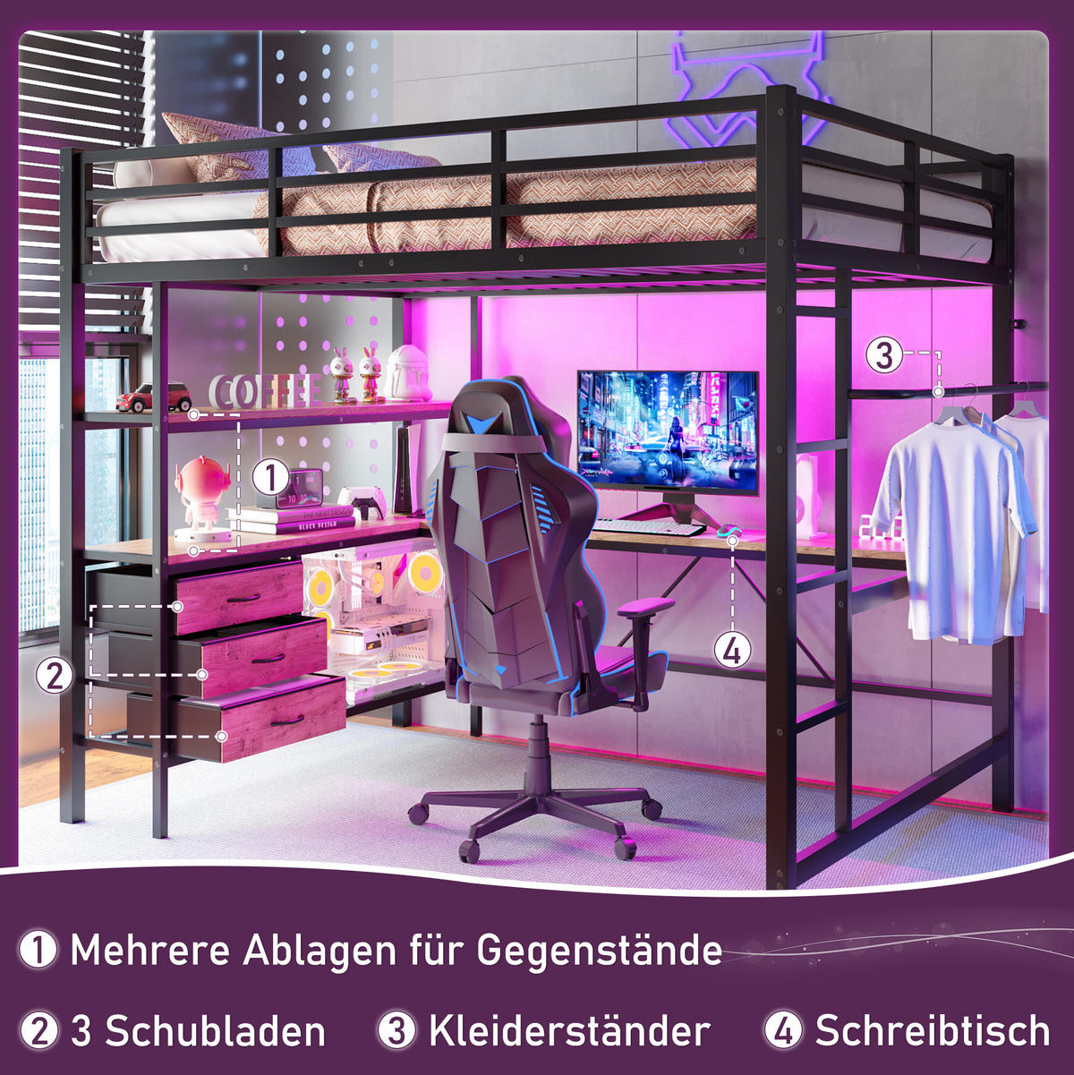 HOCHBETT 140/200 cm mit LED-Beleuchtung, Schreibtisch, Steckdose, USB, 3 Schubladen und Treppe, Schwarz - Schwarz, Metall (140/200cm) - Redom