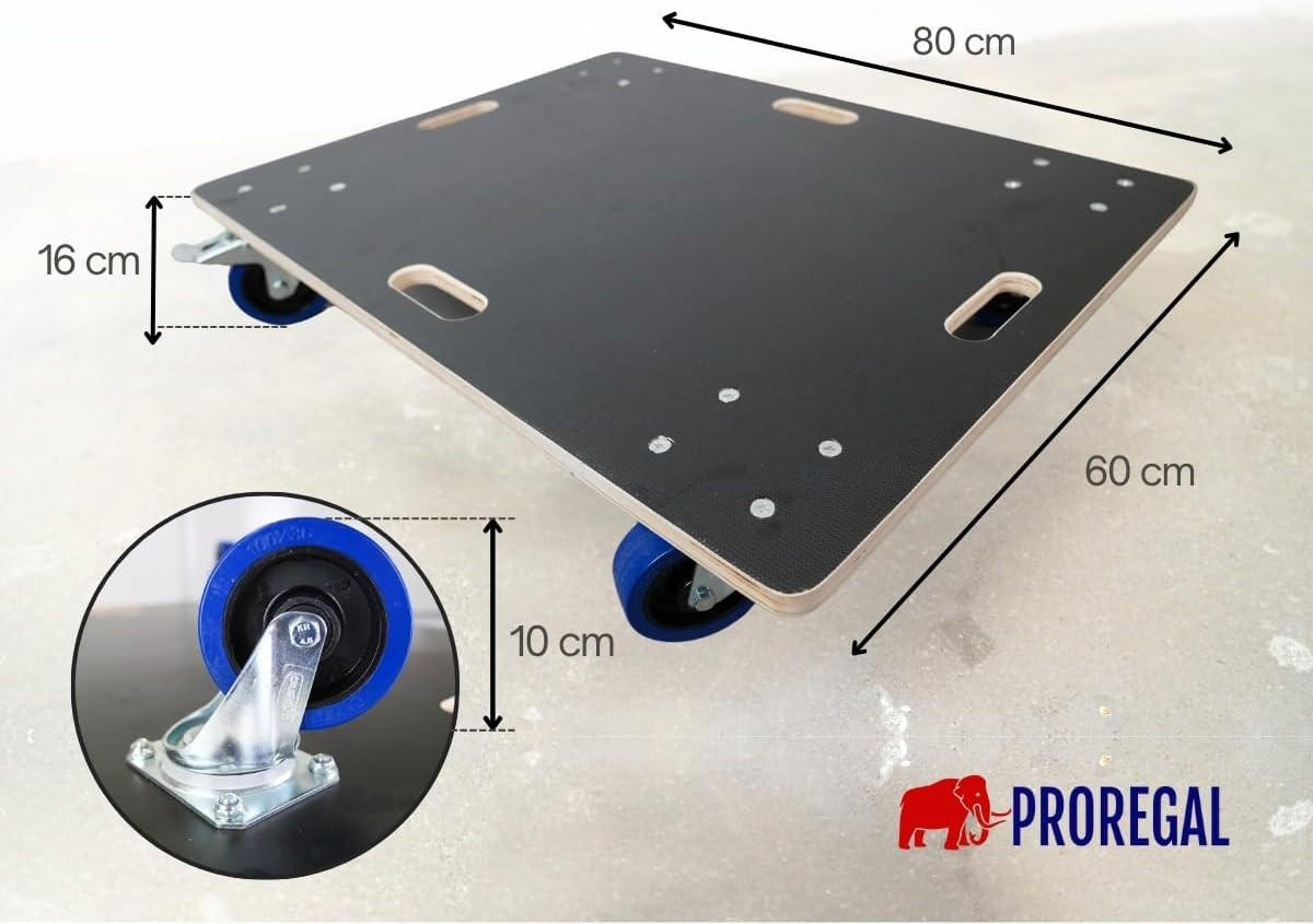 TRANSPORTROLLER mit 4 Rollen 2 Stück 16x80x60cm Traglast 800kg Siebdruck Holzplatte Schwarz - Schwarz, Metall (60/80/16cm) - PROREGAL