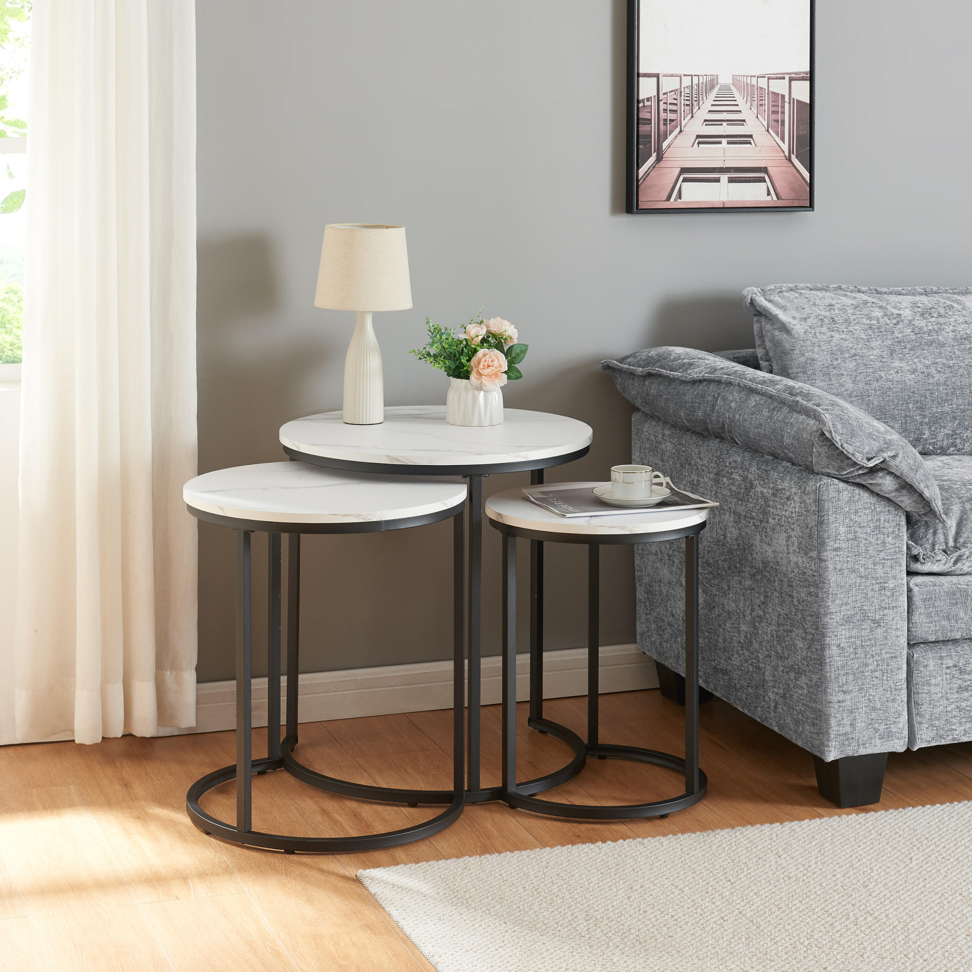Thumbnail - [en.casa] Beistelltisch-Set, Weiß, Metall, Holzwerkstoff, Marmor Optik, Rund,Rund, 56.5x60x56.5 cm, Wohnzimmer, Wohnzimm...