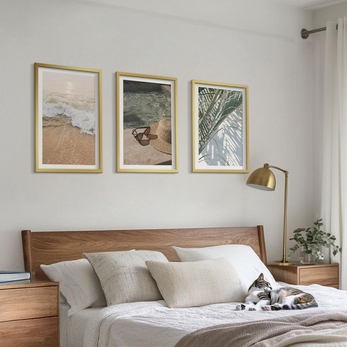 WANDBILDER 3er Set - 40x60 cm Goldrahmen - Strandhut und Sonnenbrille - Goldfarben, Kunststoff (40/60cm) - ArtPrintCave