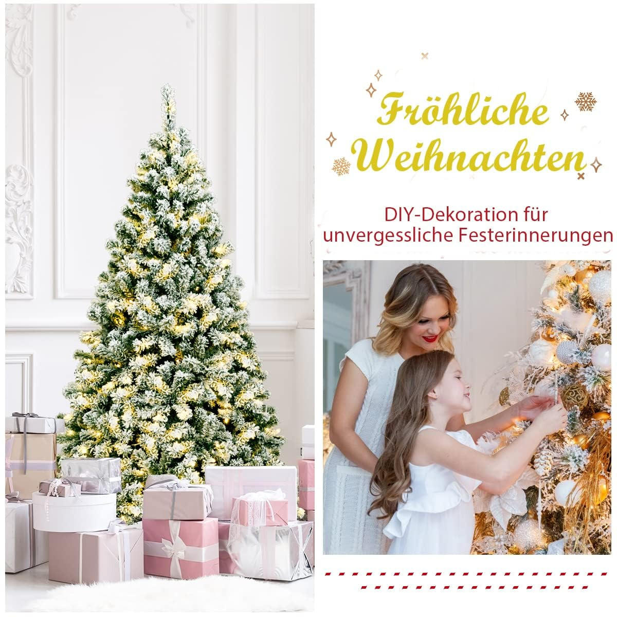 WEIHNACHTSBAUM mit Schnee und warmweissen LED-Lichtern 180cm Grün - Grün, Metall (180cm) - COSTWAY
