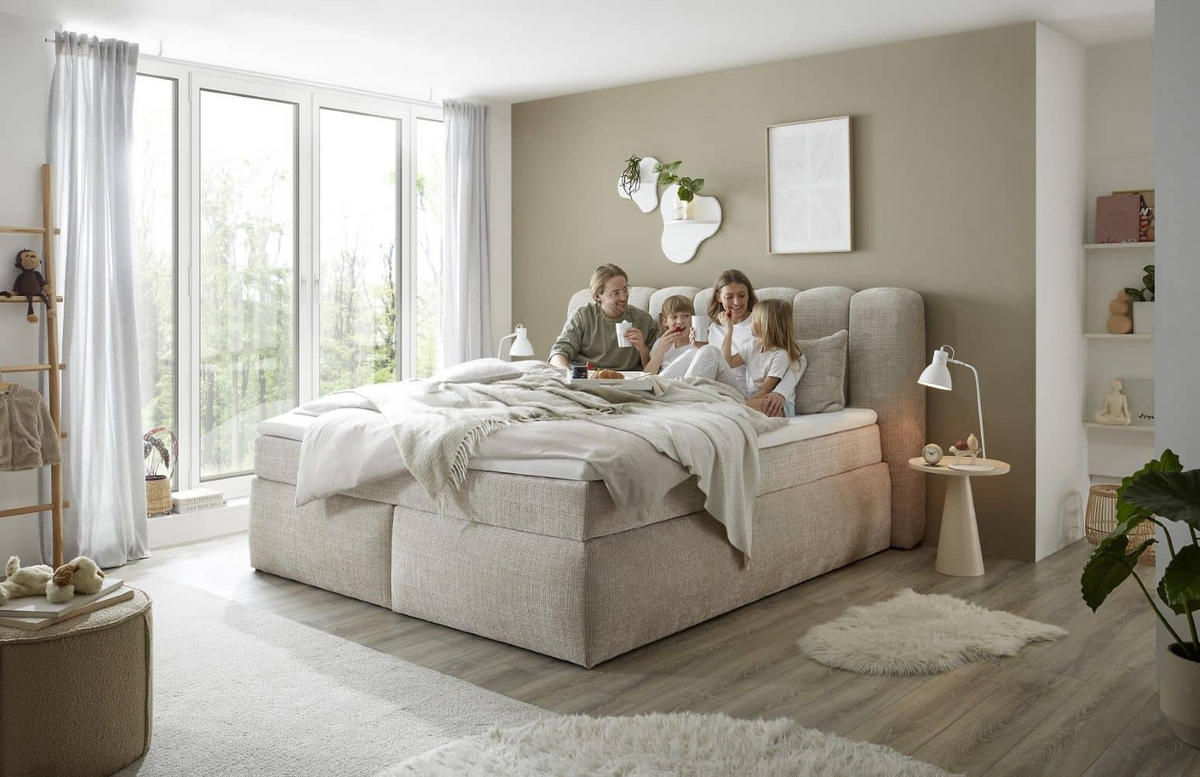 BOXSPRINGBETT 180/200x200 – Duo 7-Zonen-Tonnentaschen-Federkernmatratze & HR‑30 Topper - Taupe/Beige, Holz/Textil (180/200cm) - ed exciting design