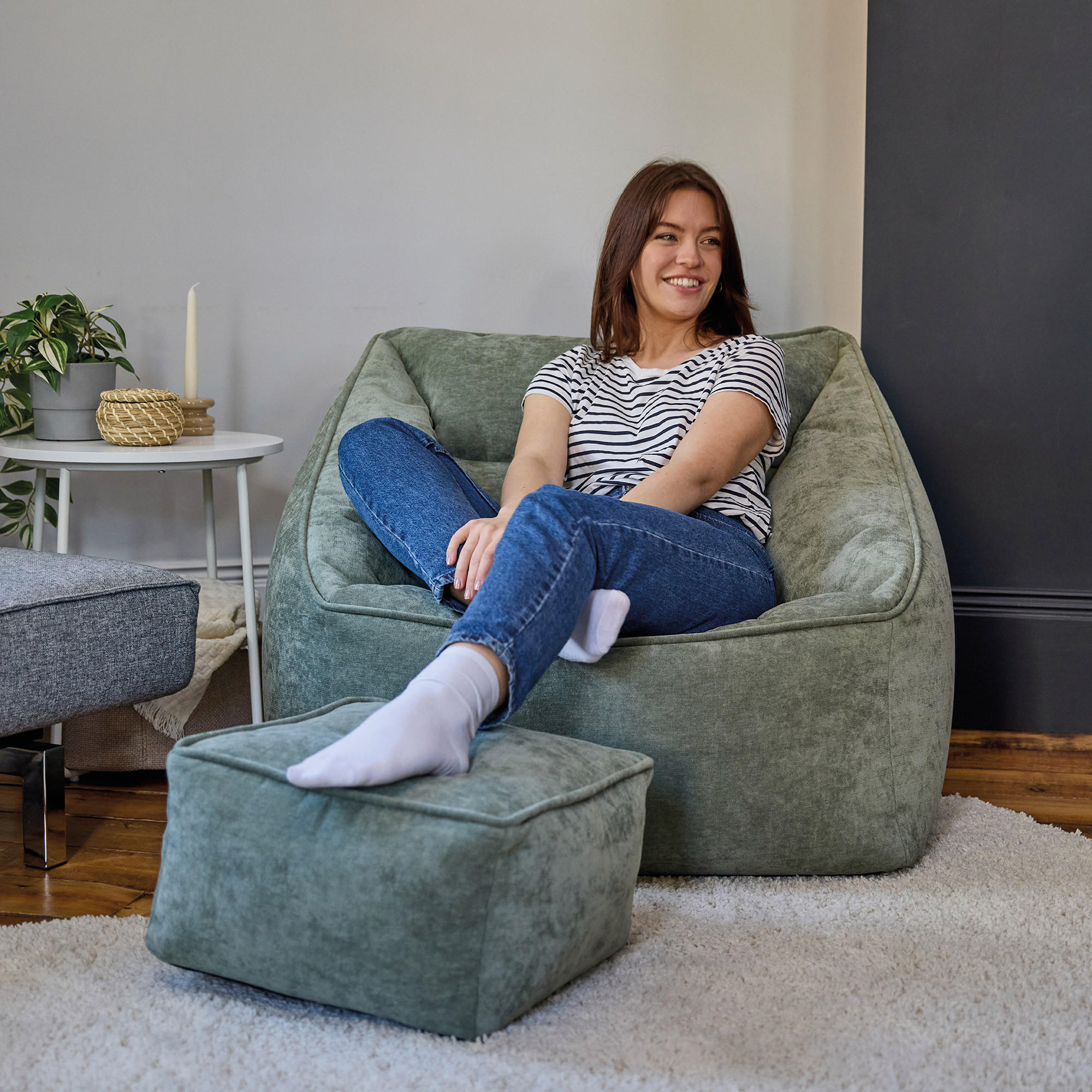 SITZSACK Sessel Chenille Natalia mit Hocker - Salbeigrün, Kunststoff/Textil (100/80/88cm) - icon