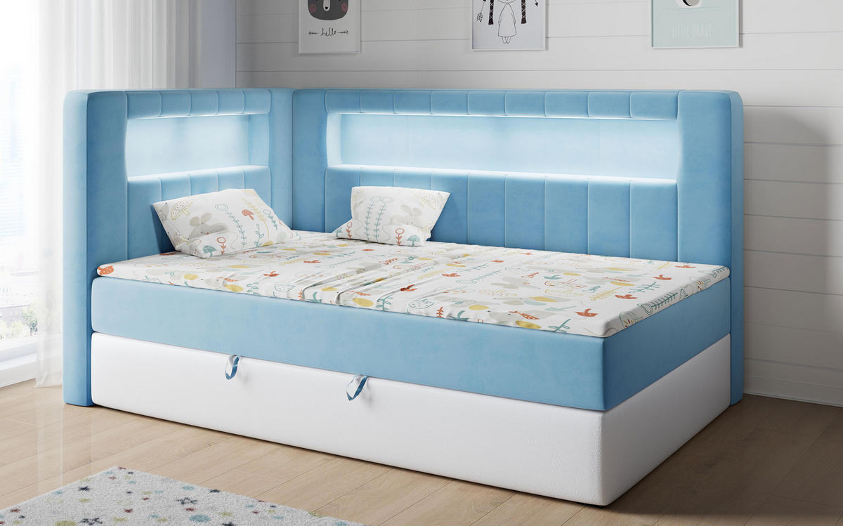 BOXSPRINGBETT JUNIOR GOLD 3 90/200 Blau/Weiß - linke Seite - Blau/Weiß, Holz/Textil (90/200cm) - MKS