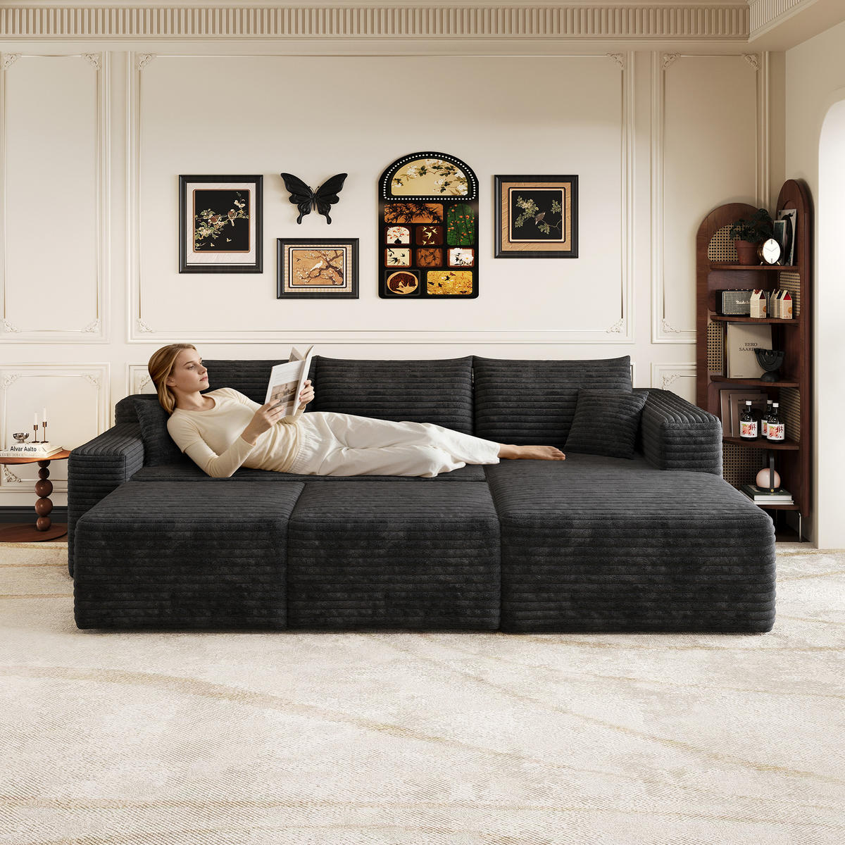 WOHNLANDSCHAFT Cord Schwarz ohne Montage - Schwarz, Textil (241/58/151cm) - WISHDOR