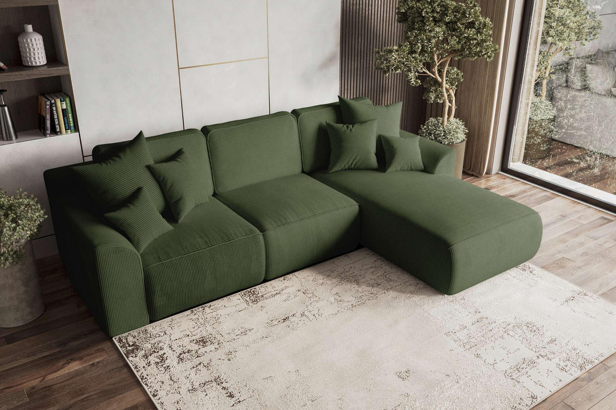 ECKSOFA GUSTO Cordstoff Olivgrün Rechts inkl. Schlaffunktion - Chromfarben/Olivgrün, Kunststoff/Textil (295/194cm) - 99rooms