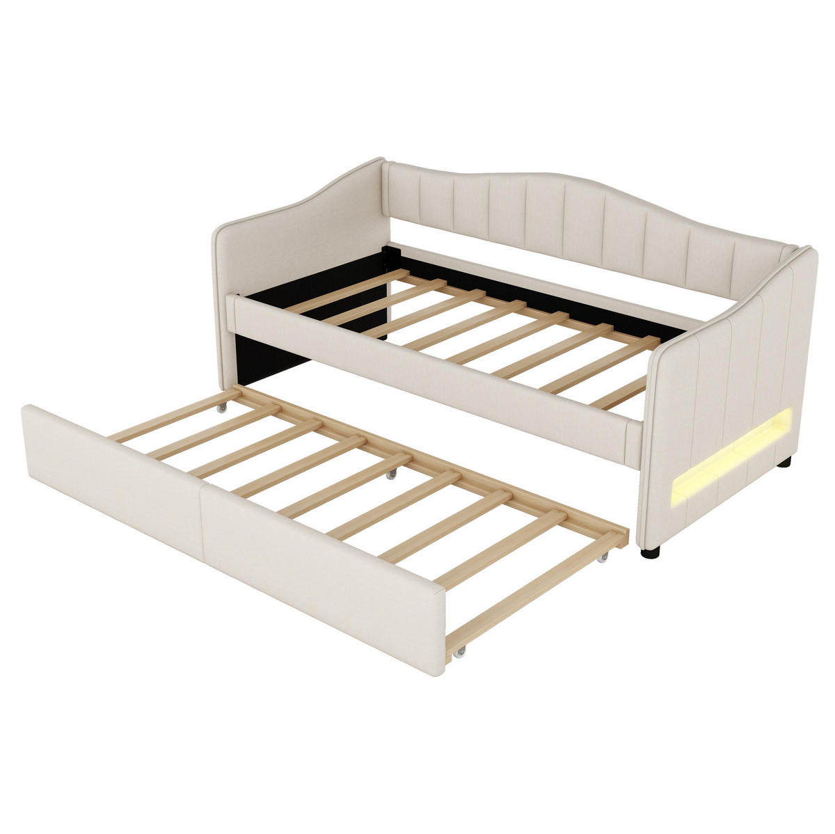 TAGESBETT 90/200 cm mit ausziehbarem Rollbett und LED-Beleuchtung, Leinenbezug, Beige - Beige, Textil (90/200cm) - Redom
