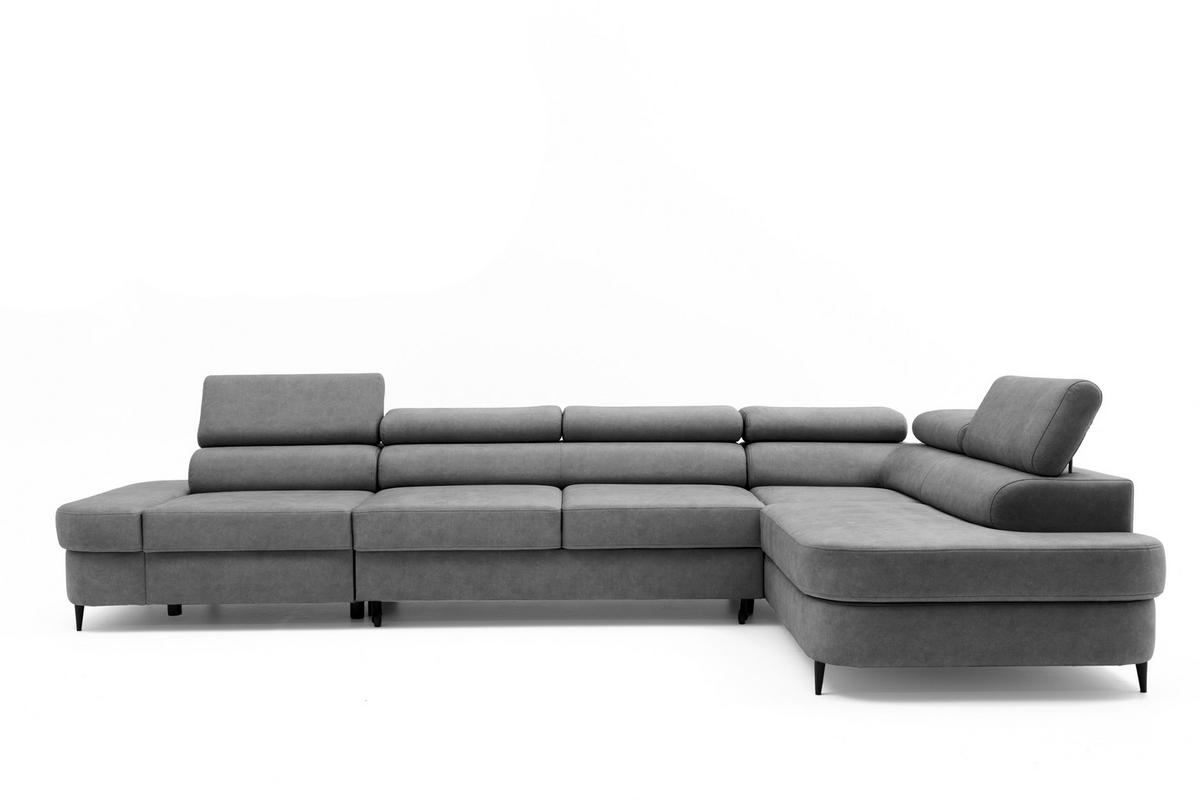 ECKSOFA PRIAM MAXI L-Form mit Schlaffunktion & Bettkasten, 6-Sitzer, 350cm, Verstellbare Kopfstützen, Ottomane Rechts - Grau, Holz/Textil (350/203cm) - Muffo