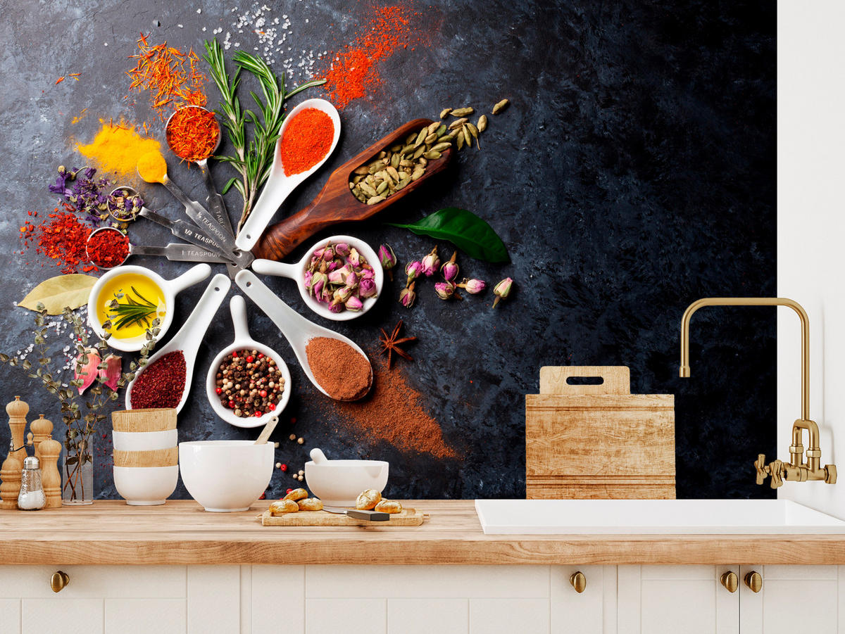 FOTOTAPETA Pre Kuchyňu Orientálne Bylinky Korenie Lyžice 150 x 105 cm - oranžová/hnedá, papier (150/105cm) - Muralo