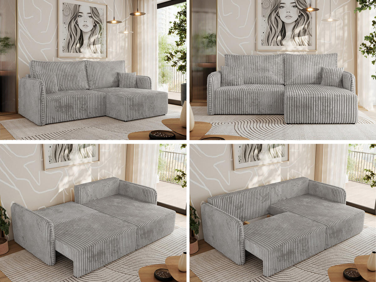 ECKSCHLAFSOFA MESTO L Hellgrau Cord - rechts - Hellgrau/Schwarz, Kunststoff/Textil (147/227cm) - MKS