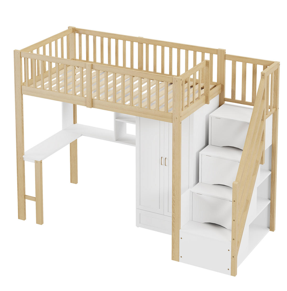HOCHBETT 90/200 cm mit Kleiderschrank, Schreibtisch und Stauraumtreppe - Naturfarben, Holz (90/200cm) - Flora Grace