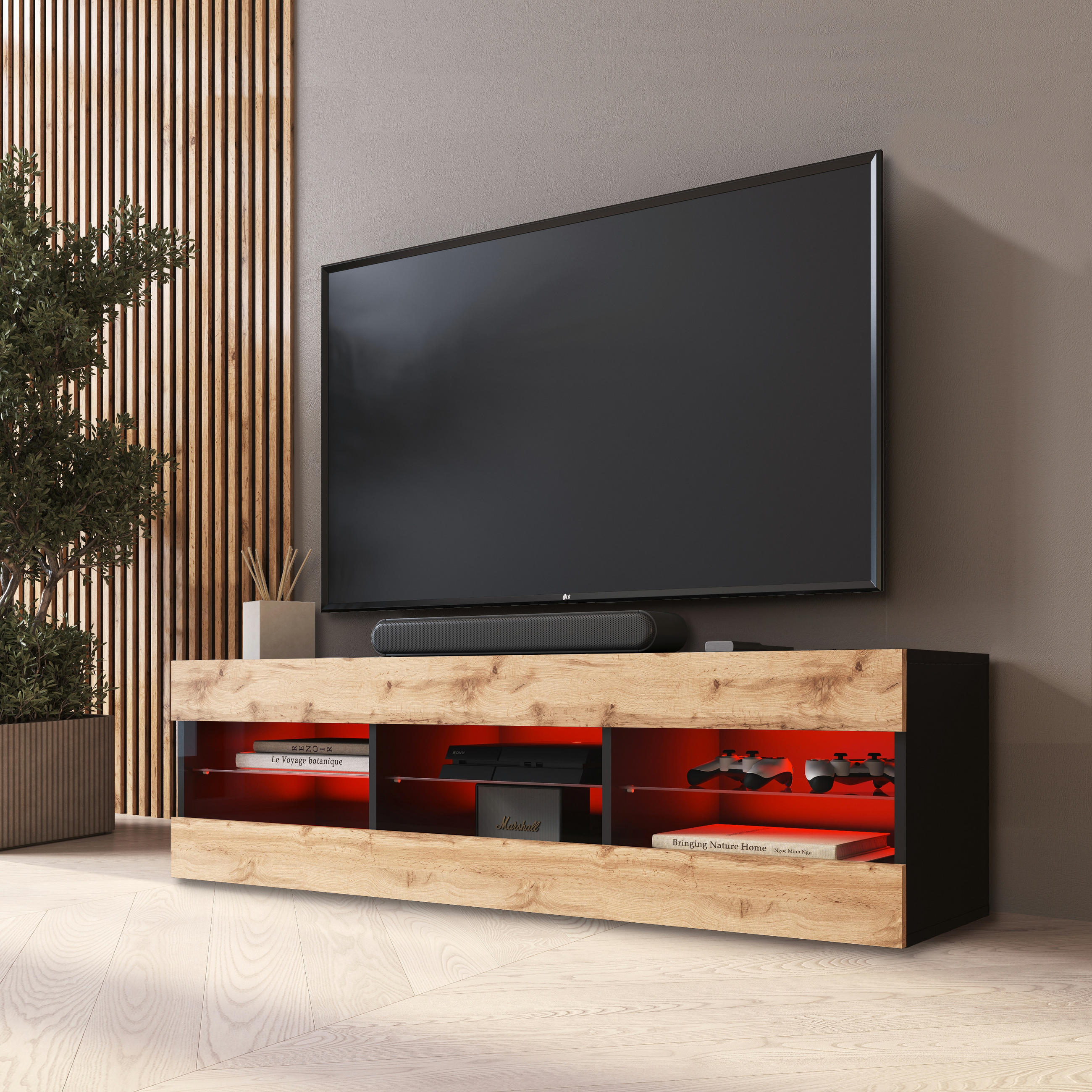 LOWBOARD TIVOLI RTV 140, Wotan, LED Mehrfarbige - Eiche Wotan/Schwarz, Glas/Holzwerkstoff (140/40.5/35.5cm) - Komodee