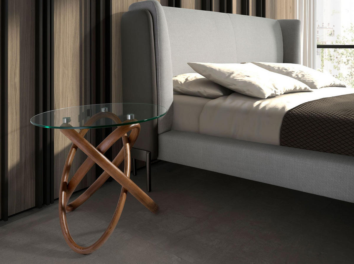 ECKTISCH Runder Ecktisch aus gehärtetem Glas und Nussbaum Ø55/50 cm - Transparent/Walnussfarben, Glas (55/55/50cm) - ANGEL CERDA