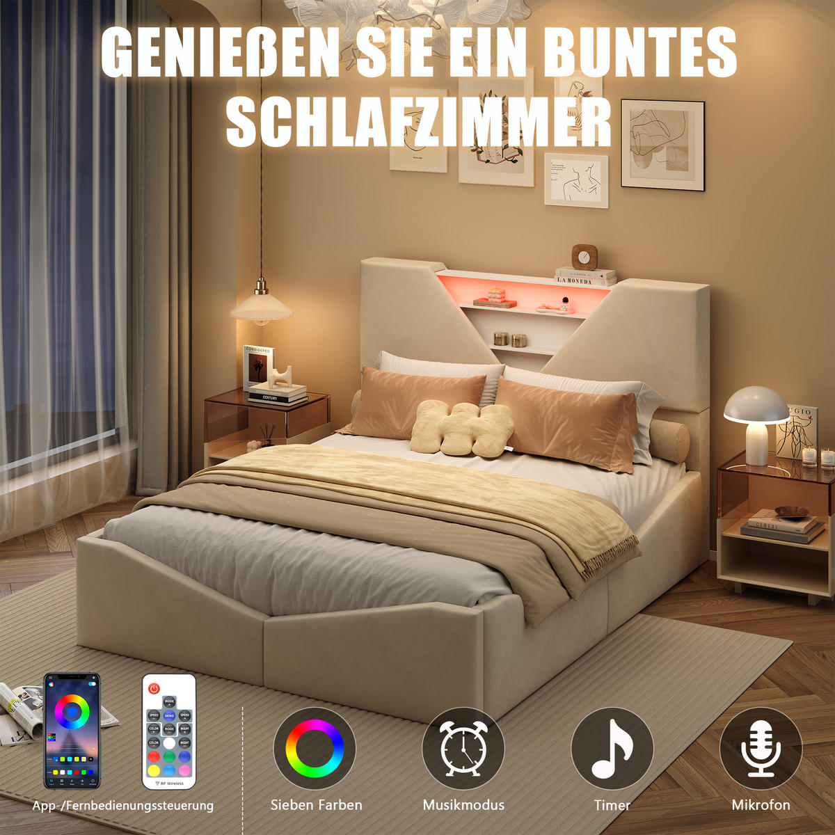 POLSTERBETT 140x190 cm mit Bettkasten, LED & USB, Doppelbett mit Kopfteil Stauraum, Beige - Beige, Metall (140/190cm) - EuroLiving