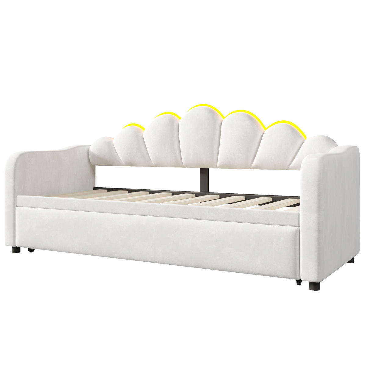 TAGESBETT 90/200 cm mit Ausziehbett, LED-Beleuchtung und Samtbezug, Weiß - Weiß, Textil (90/200cm) - Redom