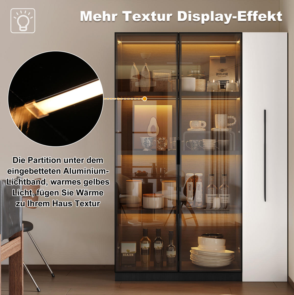 MULTIFUNKTIONSSCHRANK 110,5/35/160 cm aus MDF und Glas mit LED-Vitrine und seitlichem Auszug Schwarz/Weiß - Schwarz/Weiß, Glas/Holzwerkstoff (35/160/110.5cm) - Modenvie